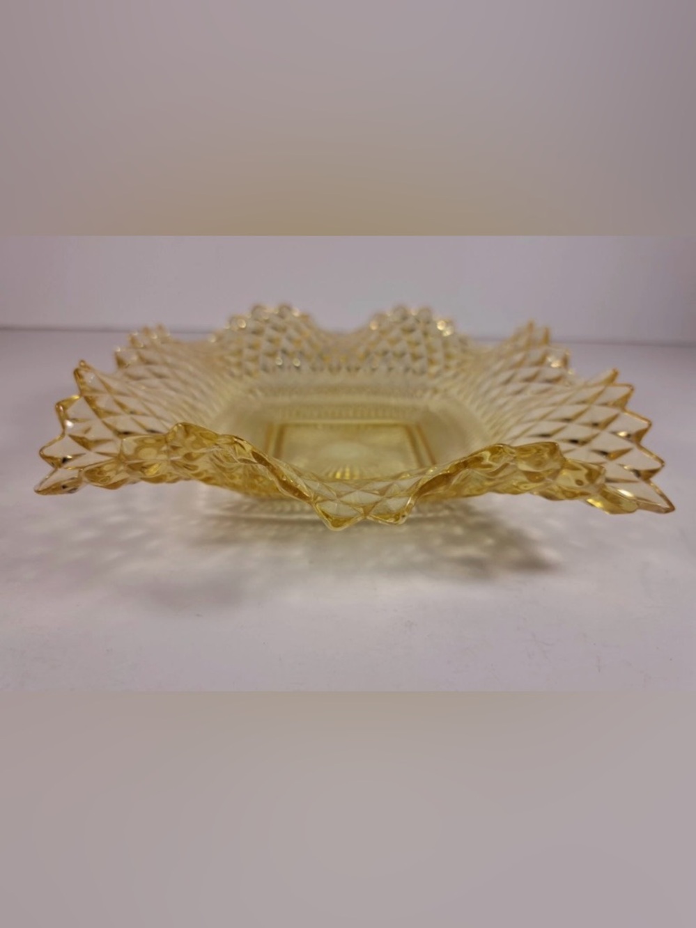 Vintage Indiana Glass Diamond Point Ruffle Edge Square Nut Candy Dish Yellow